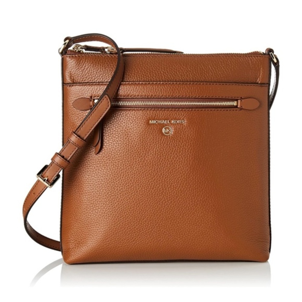 MICHAEL KORS JS Pebbled Leather Flat Crossbody Luggage Brown Bag AUTHENTIC